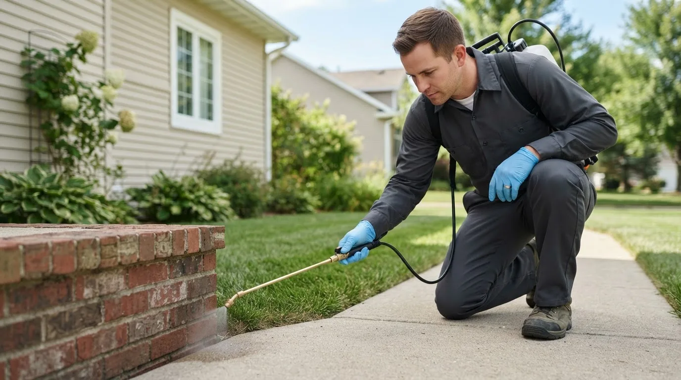 Pest control technician treating a home near Posen, MI