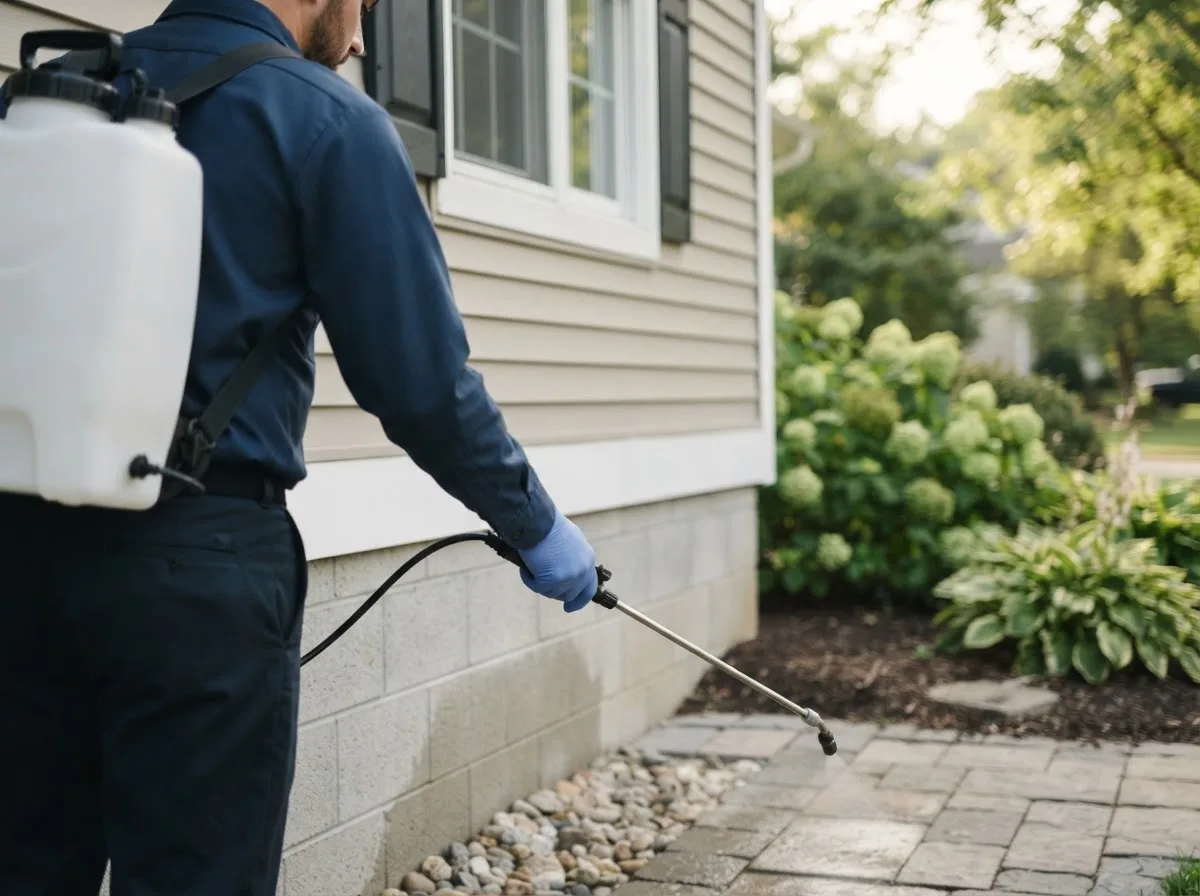 Pest control technician inspecting a home in Posen, MI